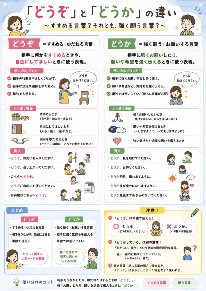 「どうぞ」「どうか」違いまとめ