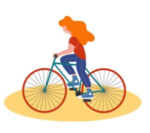 赤いセーターの自転車に乗った女性