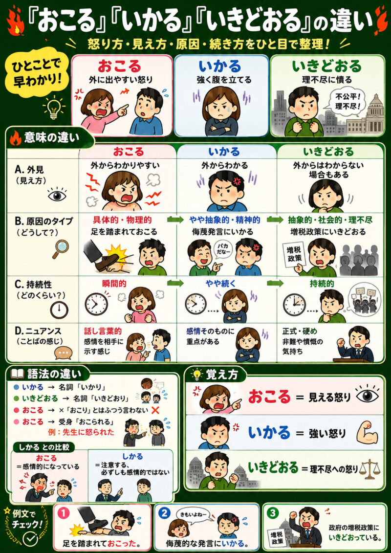 「おこる」「いかる」「いきどおる」まとめ