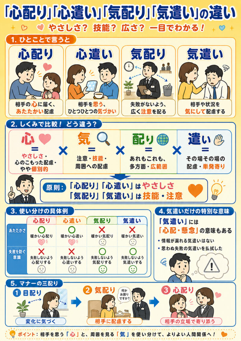 「心配り」「心遣い」「気配り」「気遣い」まとめ