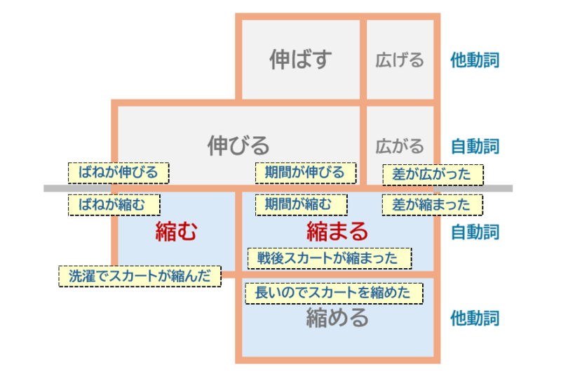 「伸ばす」「伸びる」「縮む」「縮まる」「縮める」２