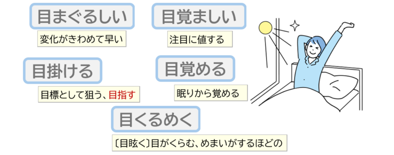 目まぐるしい、目覚ましい、目くるめくなど