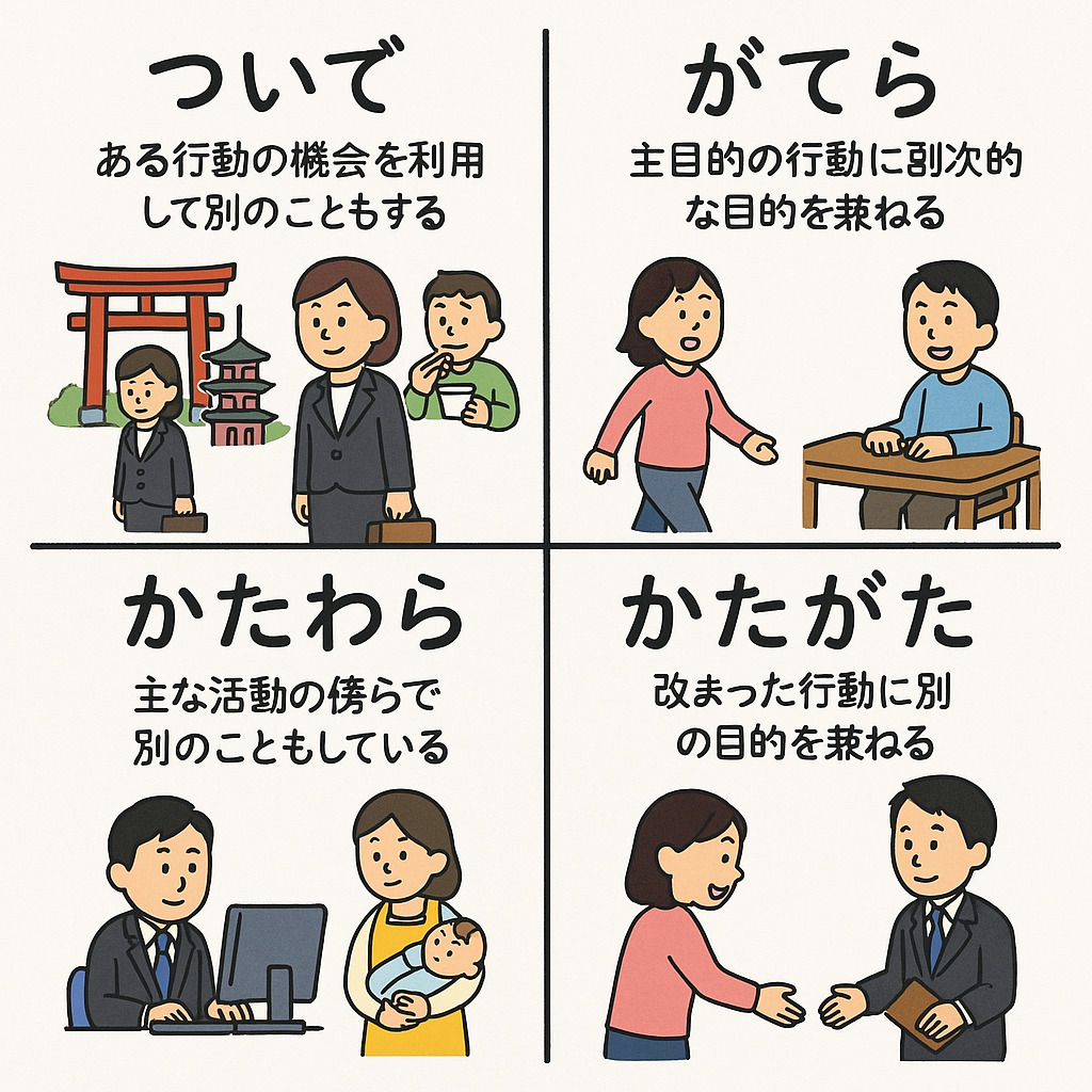 「がてら」「かたわら」「がてら」の違い〔N1文法〕 | 日本語教師のネタ帳