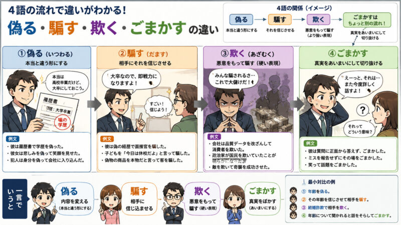 「ごまかす」「いつわる」「だます」「あざむく」