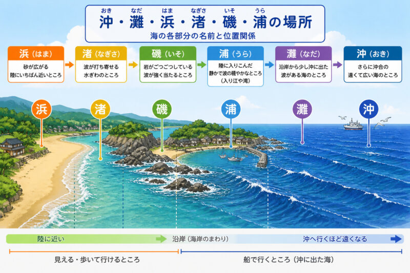 「浜」「磯」「渚」「浦」「灘」「沖」