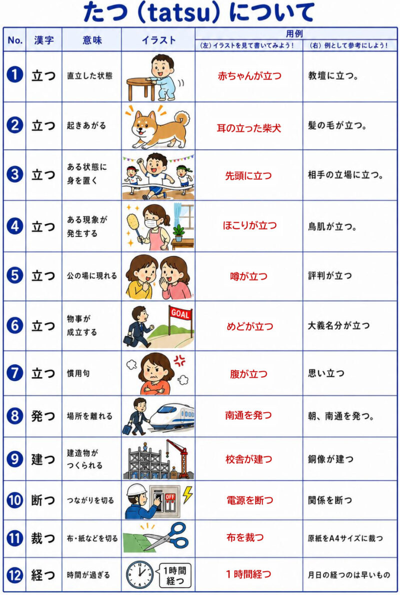 「たつ」のいろいろな使い方（解答例）