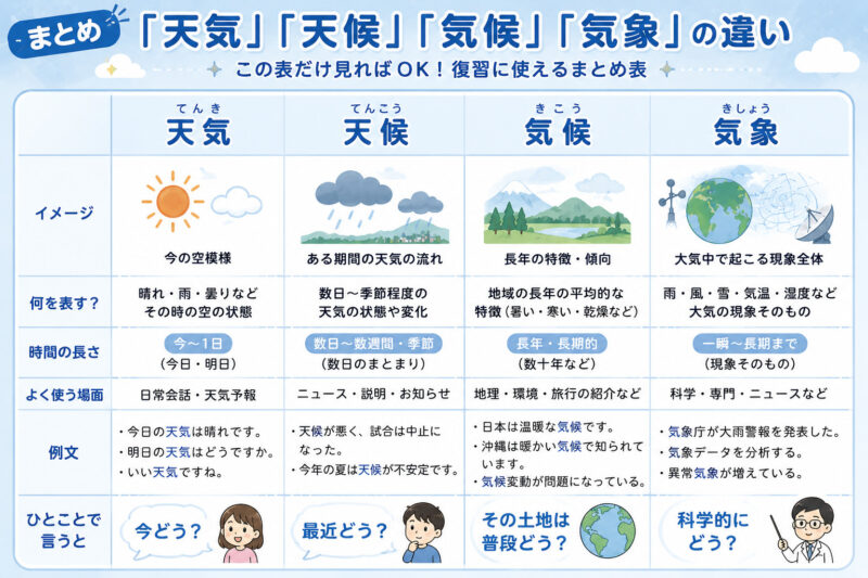 「天気」「天候」「気候」「気象」まとめ