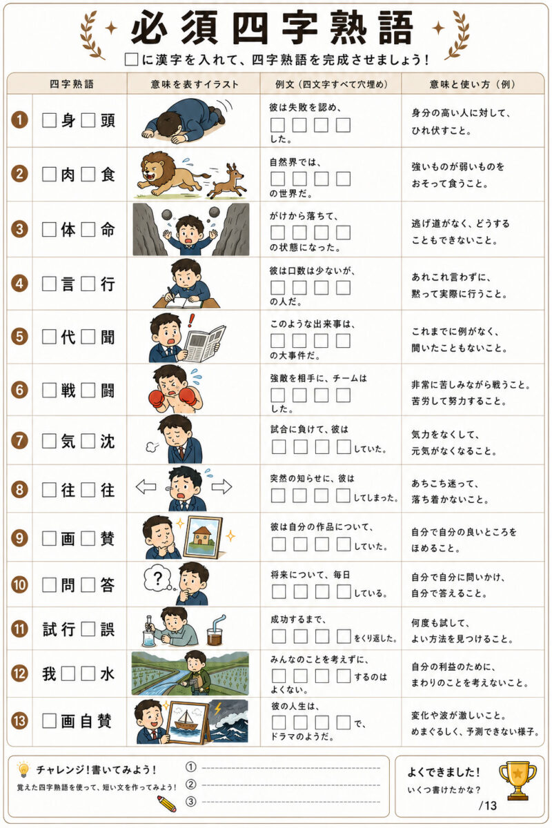 必須四字熟語問題編穴埋め