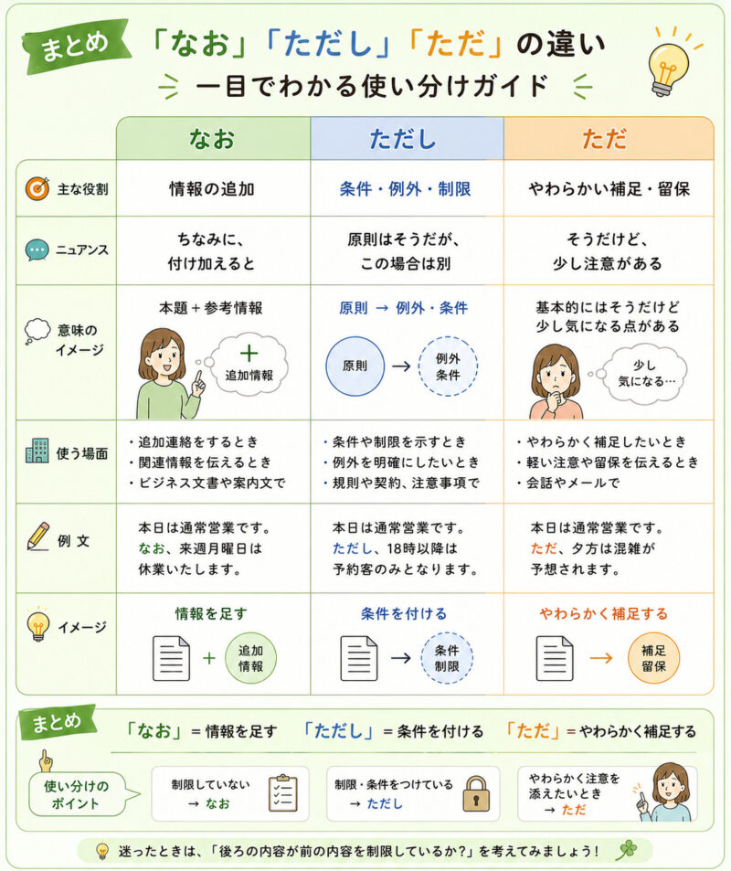 「なお」「ただし」「ただ」