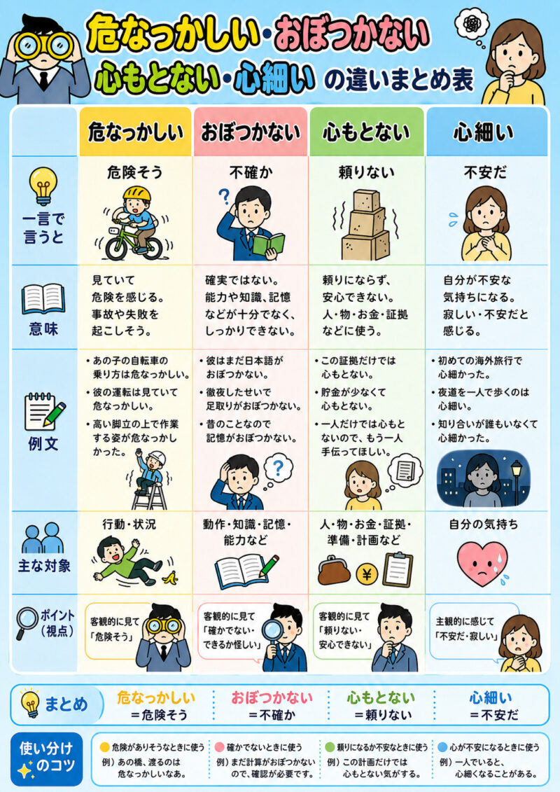 「危なっかしい」「おぼつかない」「心もとない」「心細い」まとめ表