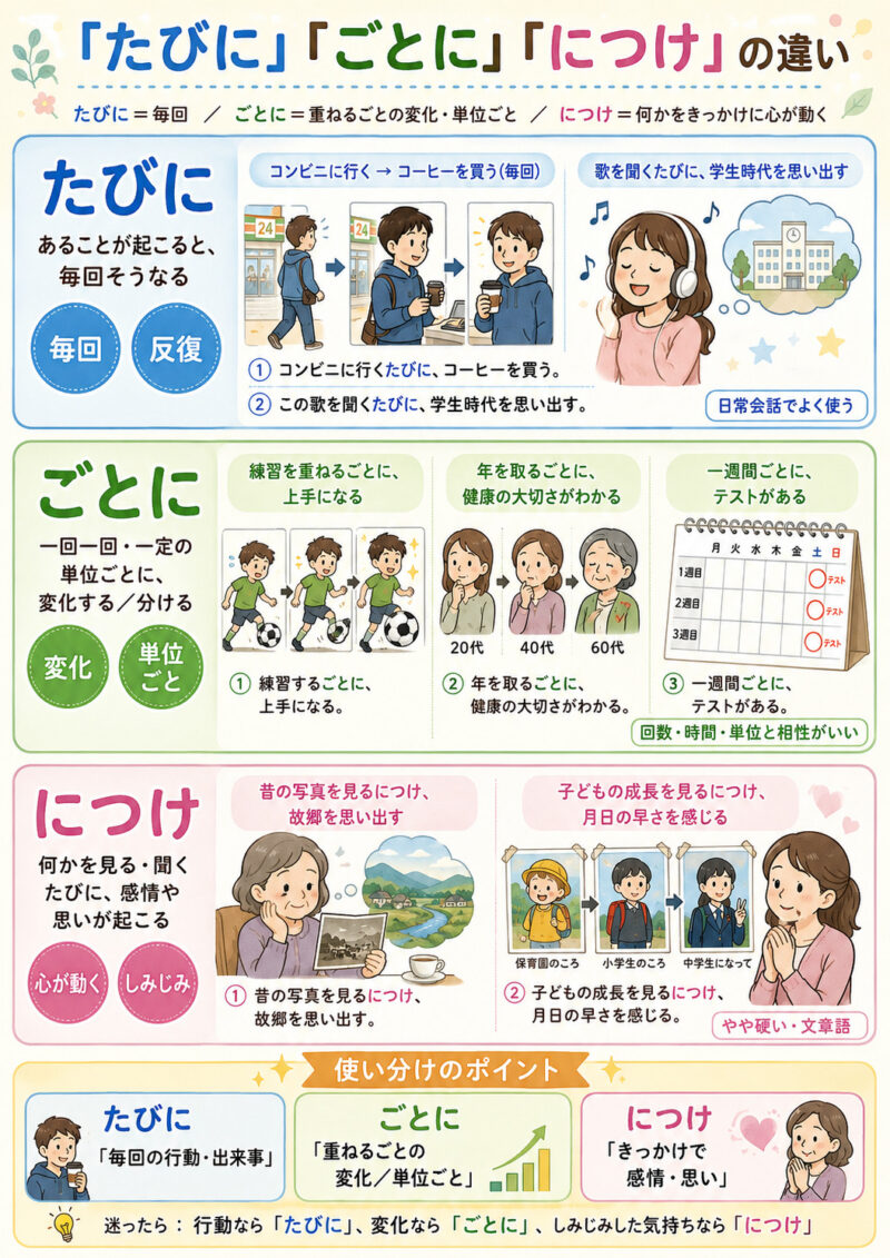 「たびに」「ごとに」「つけて」まとめ表