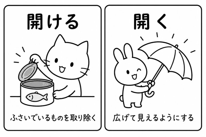 「開ける」「開く」イメージ図