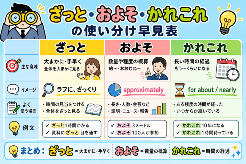 「ざっと」「およそ」「かれこれ」使い分け早見