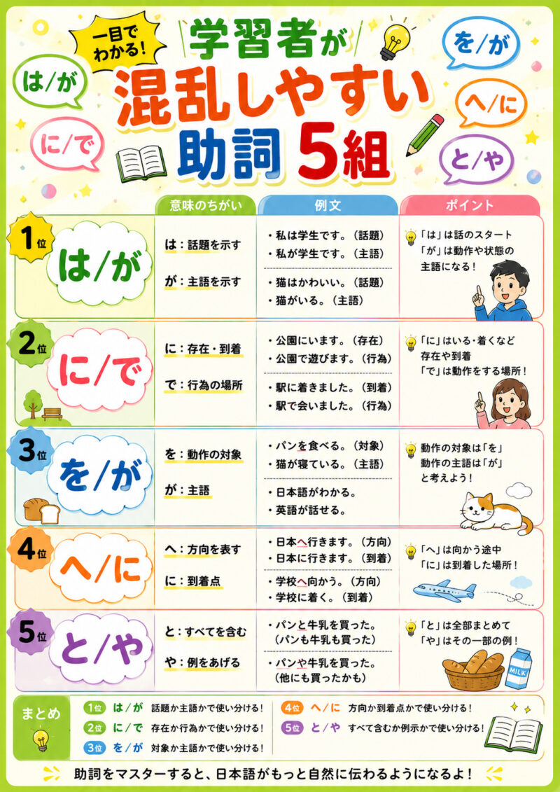 混乱しやすい助詞5組まとめ