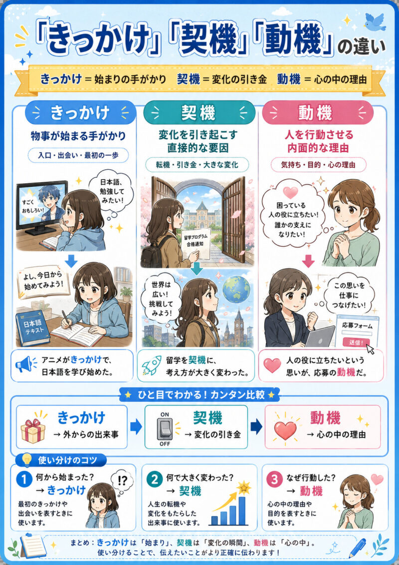 「きっかけ」「契機」「動機」表まとめ