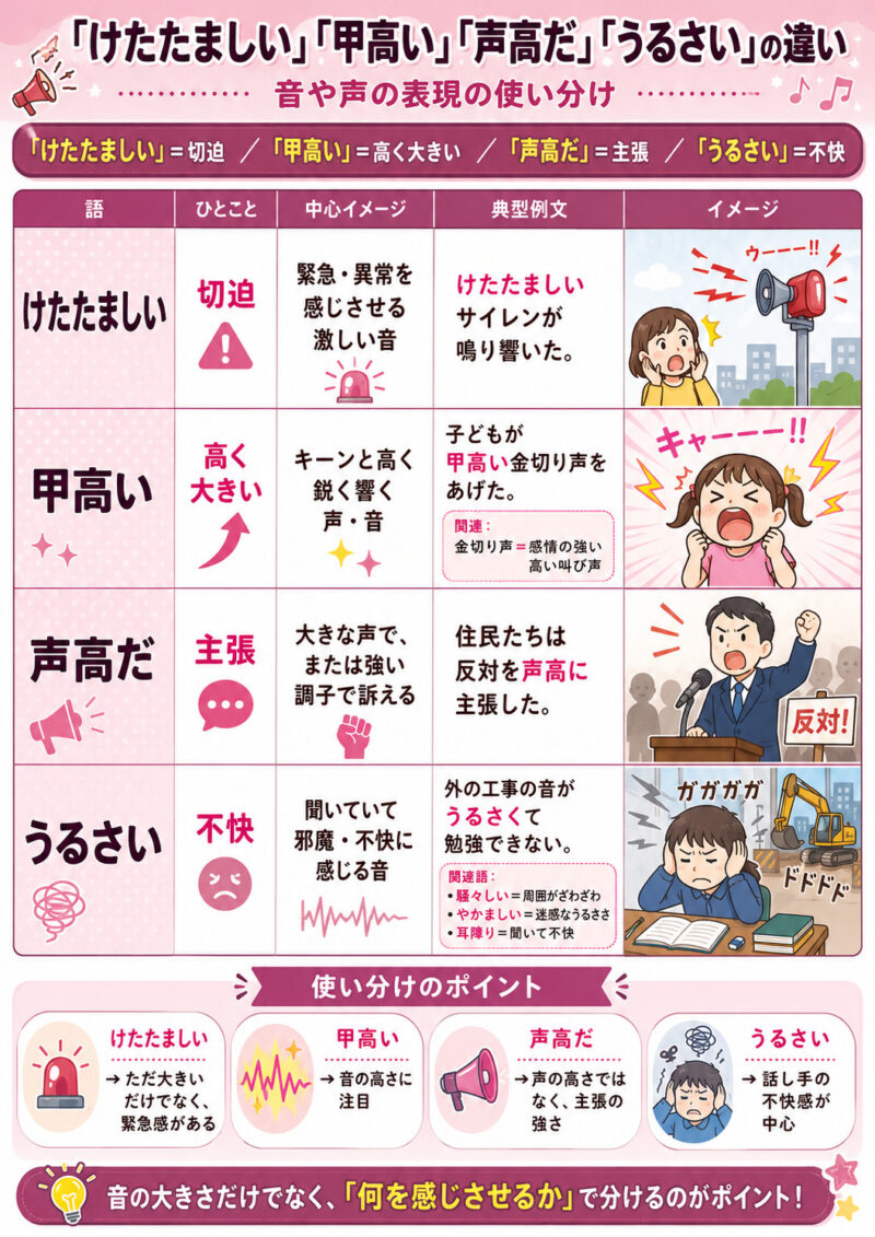 「けたたましい」「甲高い」「声高」「うるさい」表まとめ