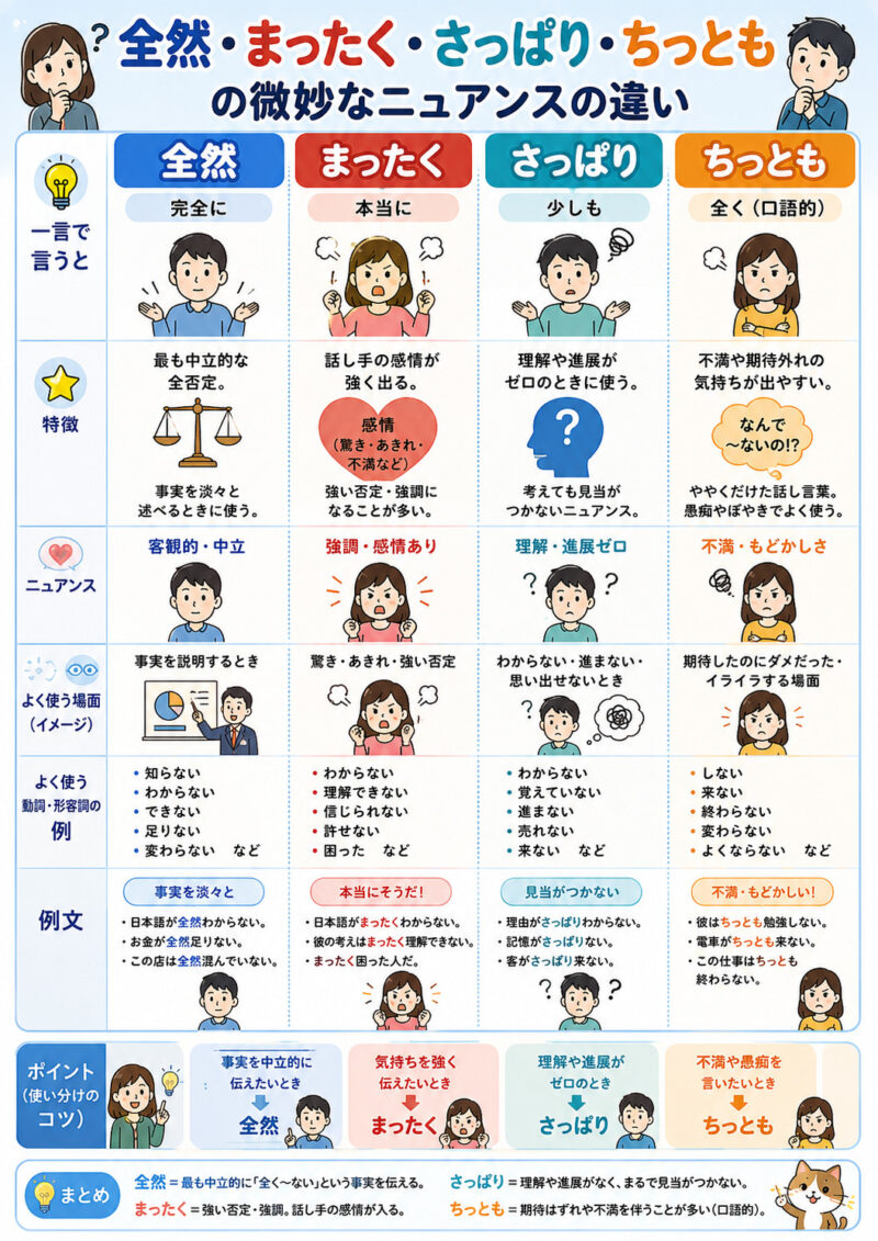 「全然」「さっぱり」「まったく」「ちっとも」まとめ表