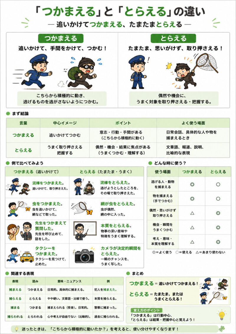 「つかまえる」「とらえる」の使い分け表