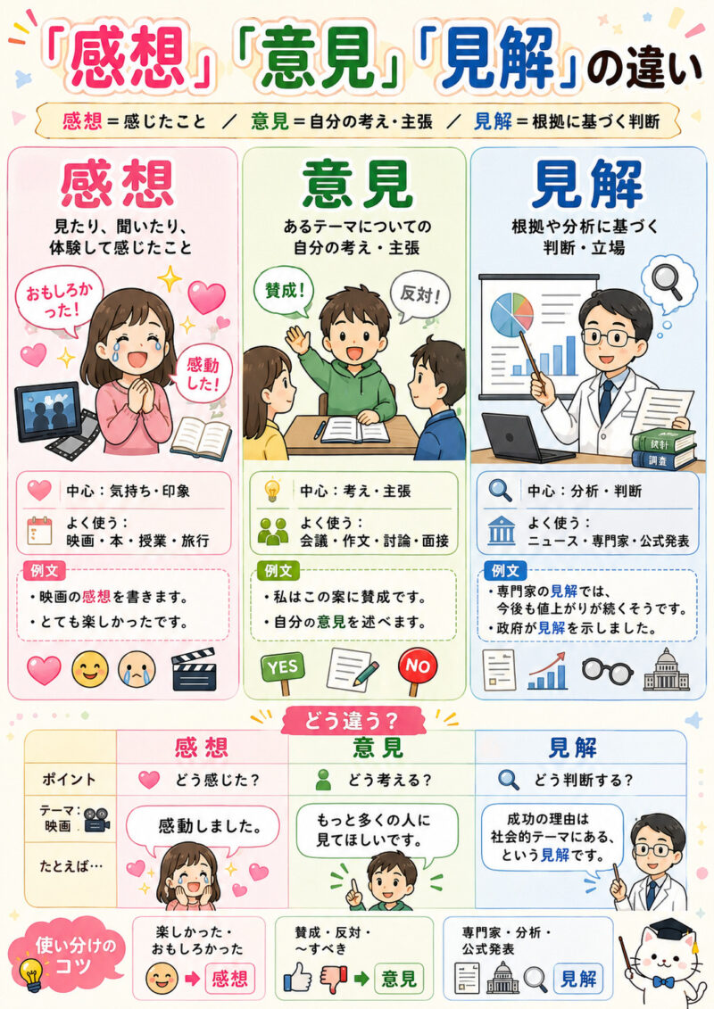 「感想」「意見」「見解」まとめ表