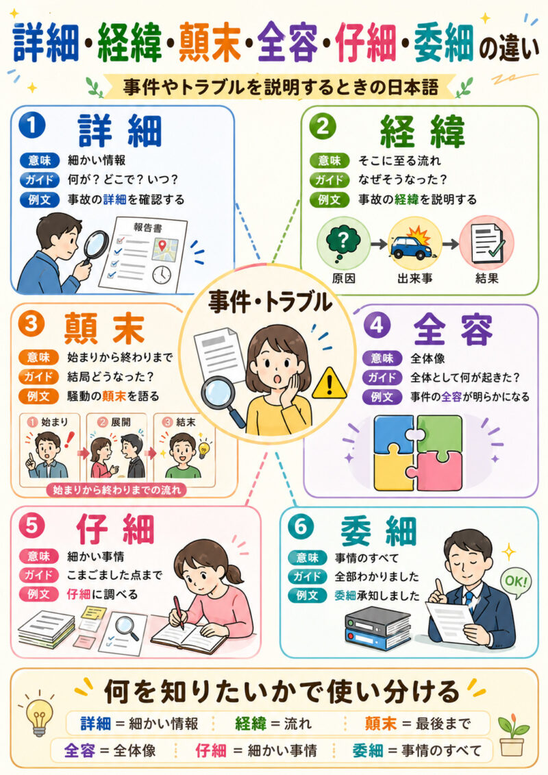「詳細・経緯・顛末・全容・仔細・委細の違い」まとめ