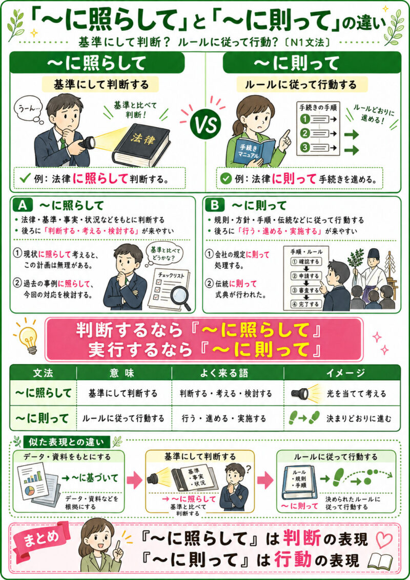 に照らして」と「~に則って」の違い|基準にして判断?ルールに従って行動?〔N1文法〕 | 日本語教師のネタ帳