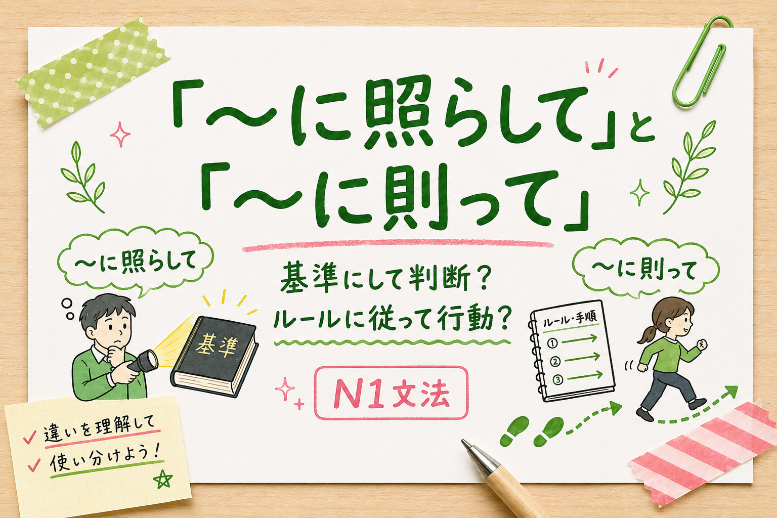 に照らして」と「~に則って」の違い|基準にして判断?ルールに従って行動?〔N1文法〕 | 日本語教師のネタ帳