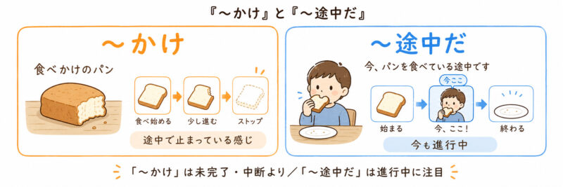 「かけ」「途中」比較絵