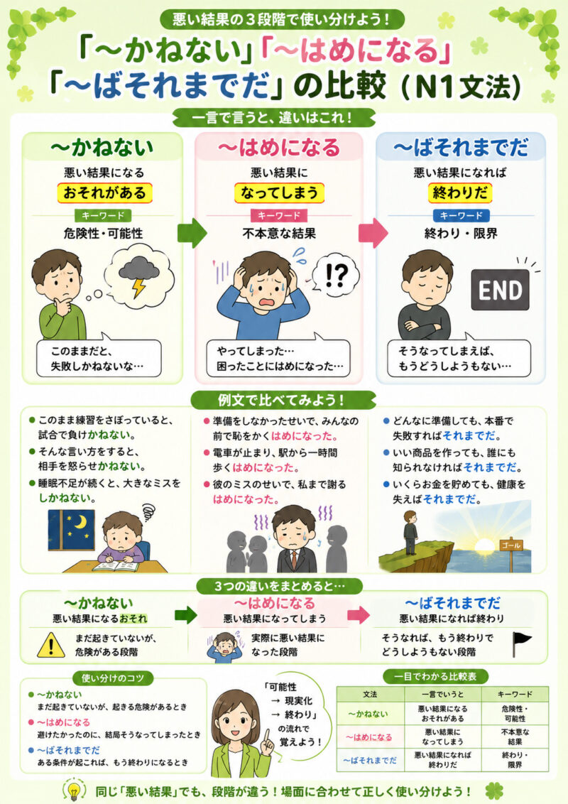 「かねない」「羽目になる」「ばそれまで」まとめ表