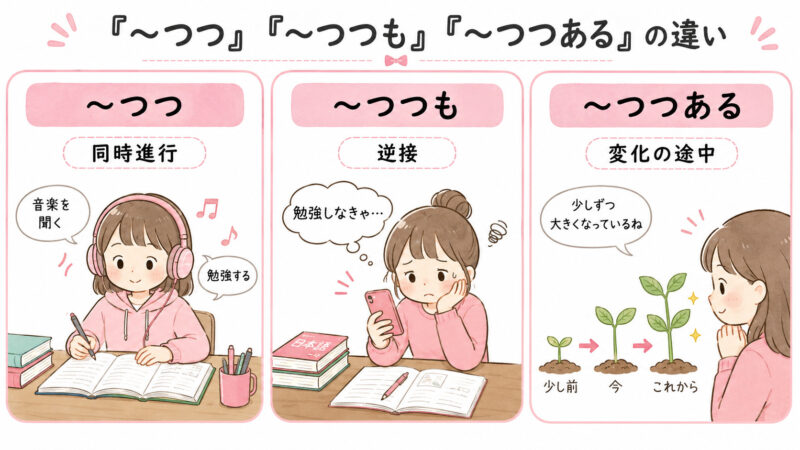 「つつ」「つつも」「つつある」かんたん比較