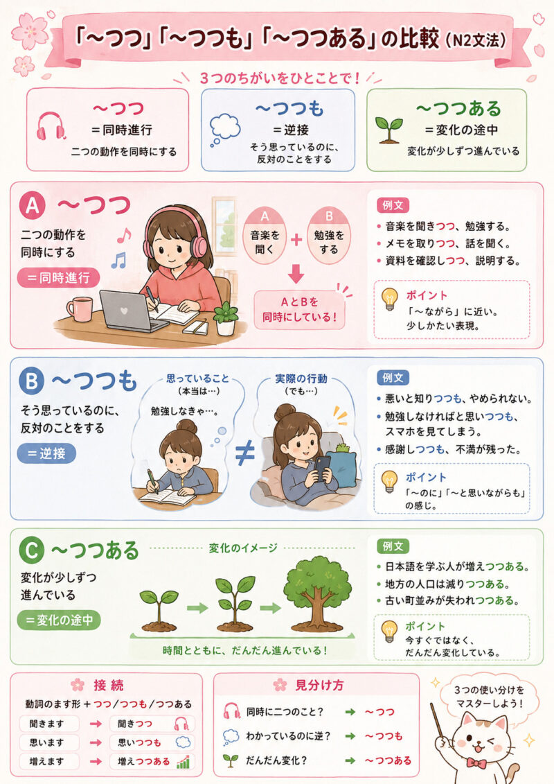 「つつ」「つつも」「つつある」表まとめ