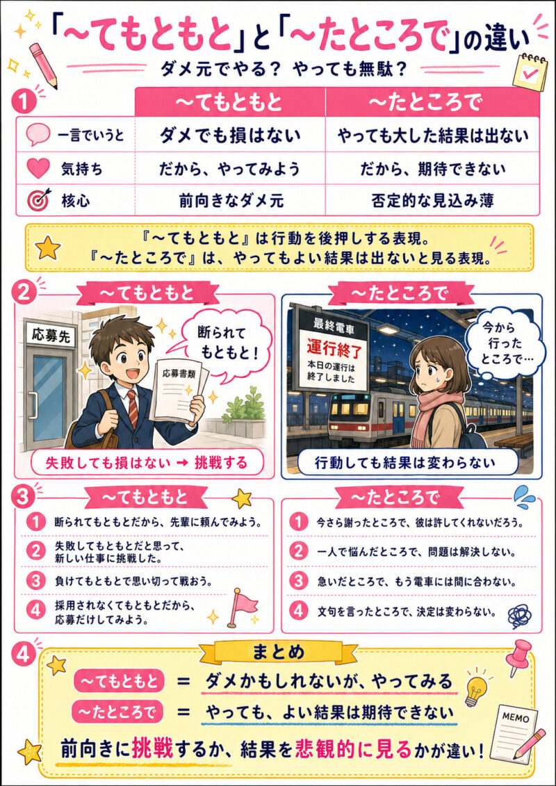 「てもともと」「たところで」まとめ表