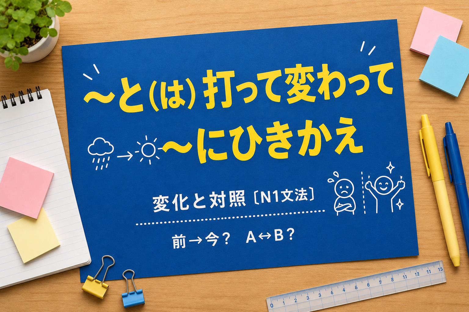 「とは打って変わって」「とはひきかえに」