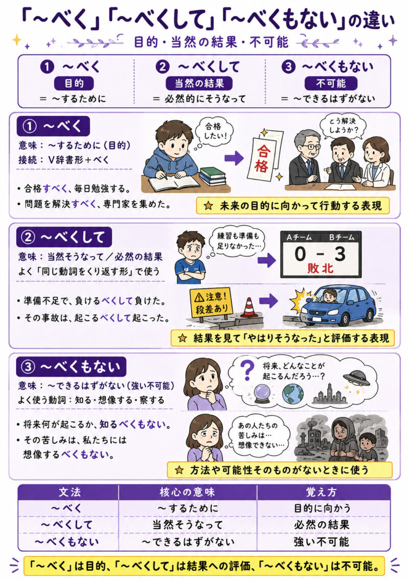 「べく」「べくして」「べくもない」まとめ