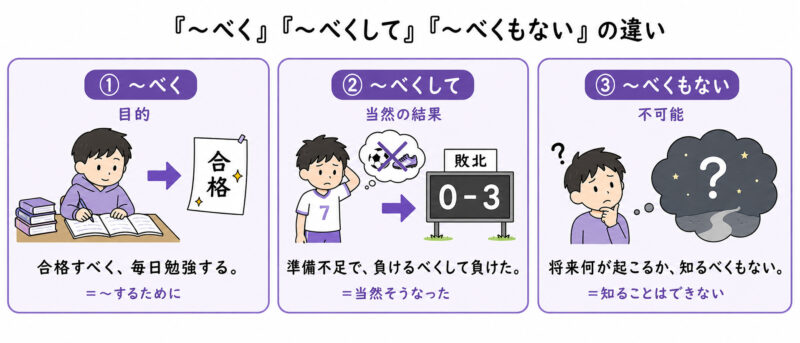 「べく」「べくして」「べくもない」簡単イラスト