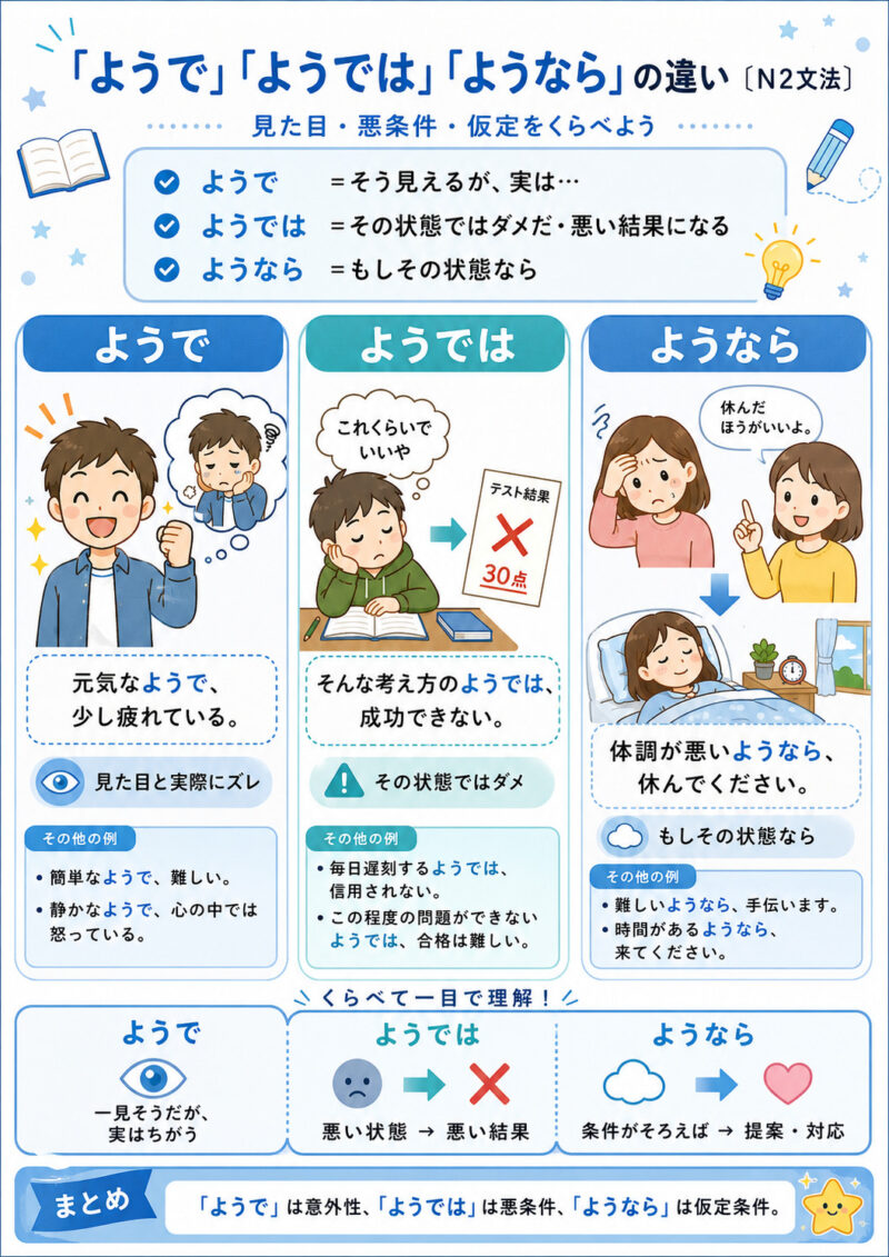 「ようで」「ようでは」「ようなら」まとめ表