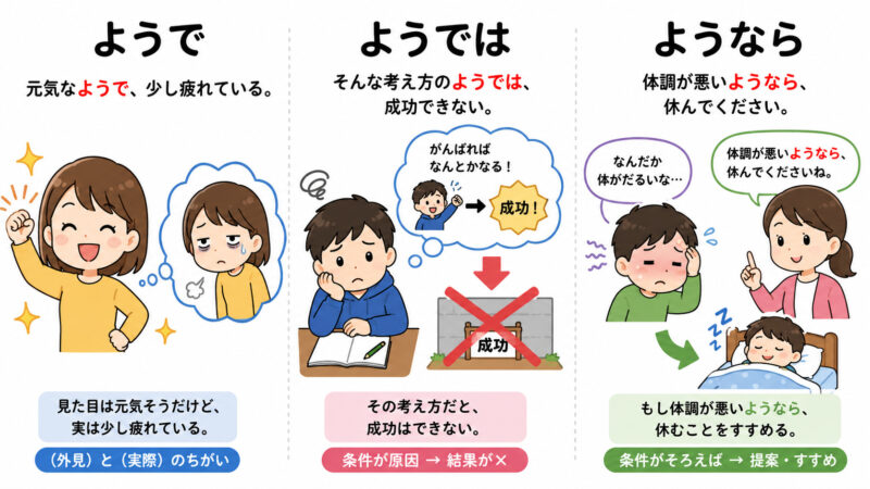 「ようで」「ようでは」「ようなら」例文