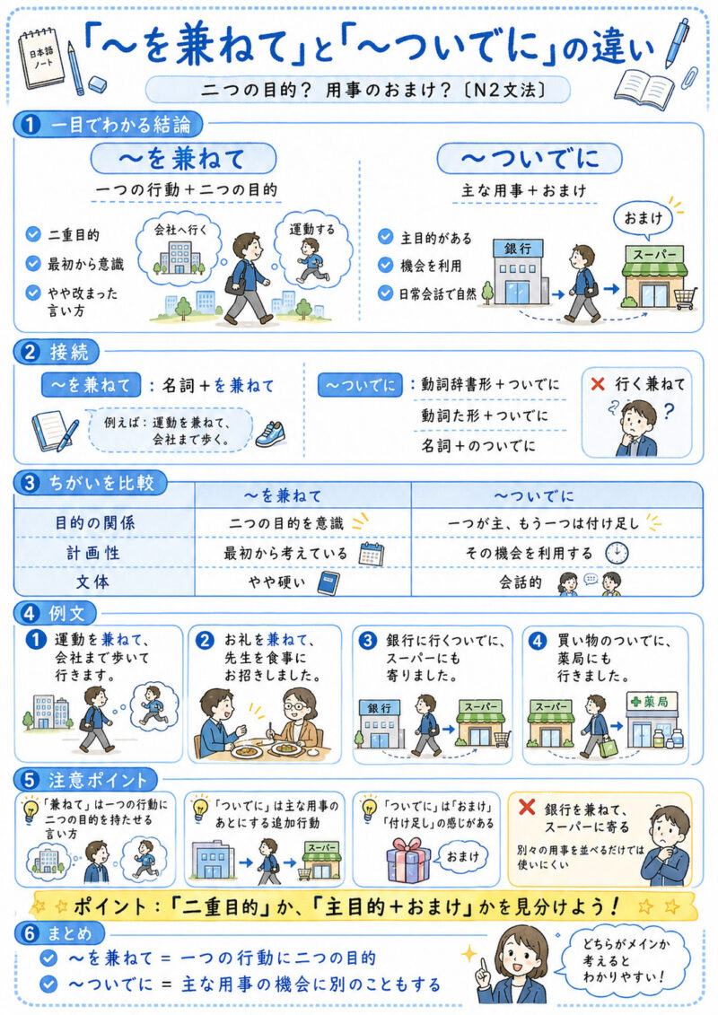 「兼ねて」「ついでに」まとめ