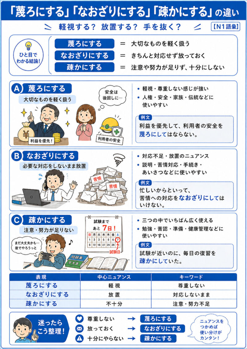 「蔑ろに」「なおざり」「疎か」まとめ