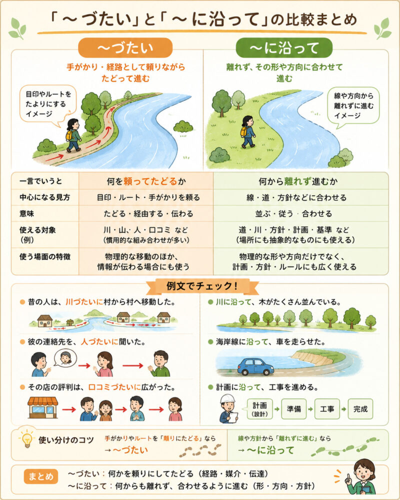 「～づたい」「～に沿って」まとめ