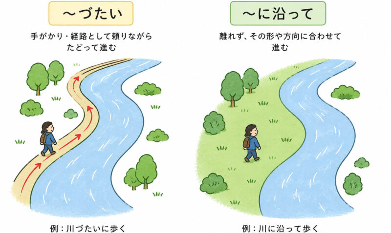「～づたい」「～に沿って」簡単イラスト