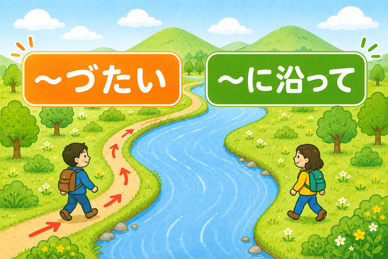 「～づたいに」「～に沿って」