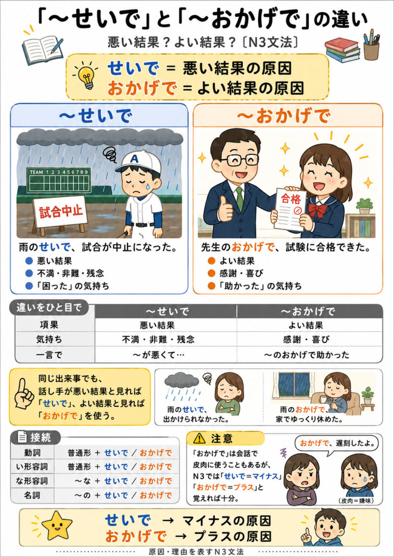 「せいで」「おかげで」まとめ