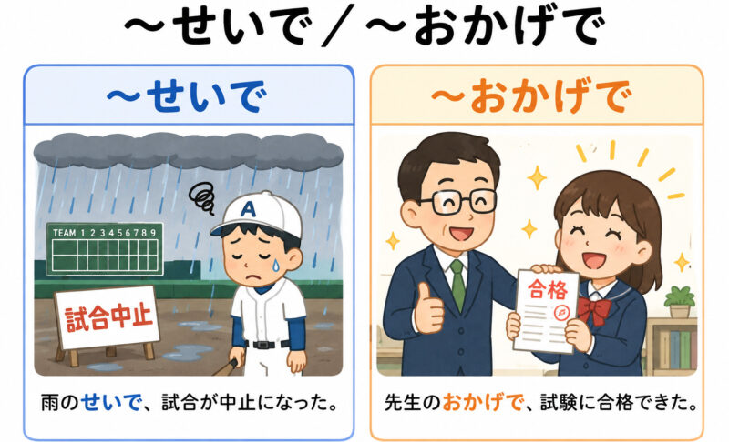 「～せいで」「～おかげで」簡単比較イラスト