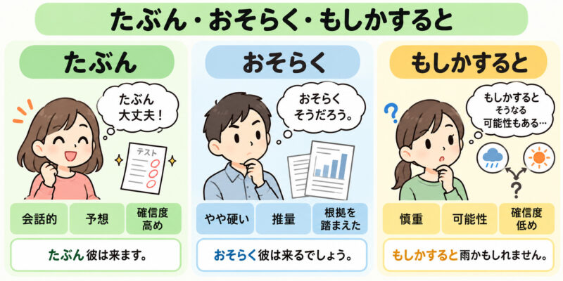 「たぶん」「おそらく」「もしかすると」簡単比較イラスト