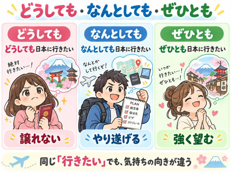 「どうしても」「なんとしても」「ぜひとも」簡単比較イラスト