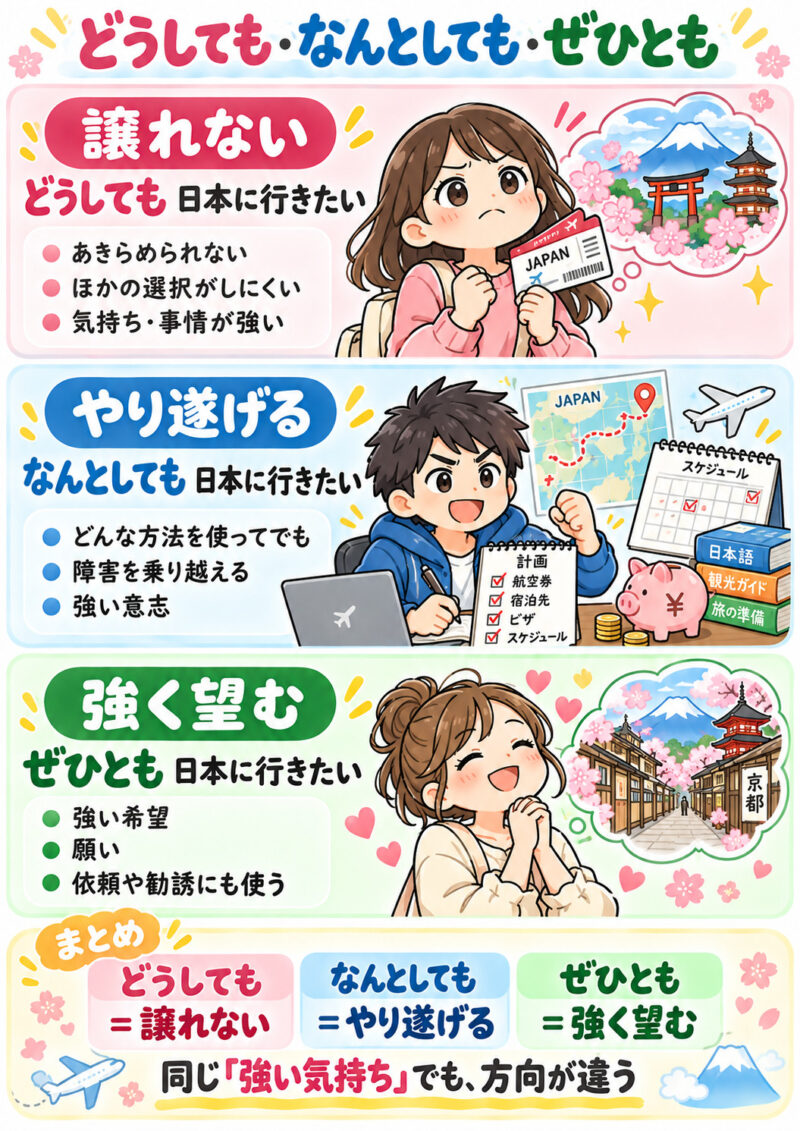 「どうしても」「なんどしても」「ぜひとも」まとめ