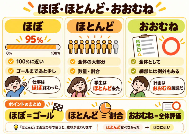 「ほぼ」「ほとんど」「おおむね」まとめ