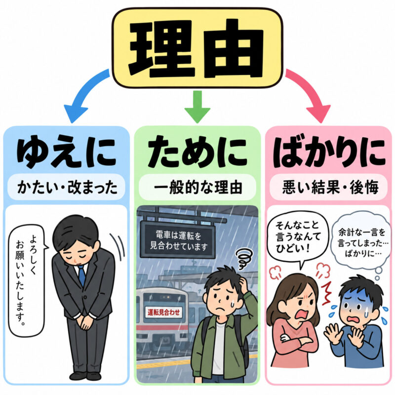 「ゆえ」「ため」「ばかり」比較イラスト