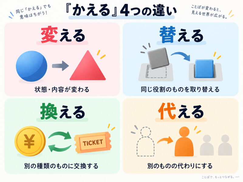「変える、替える、換える、代える」の違いイラスト