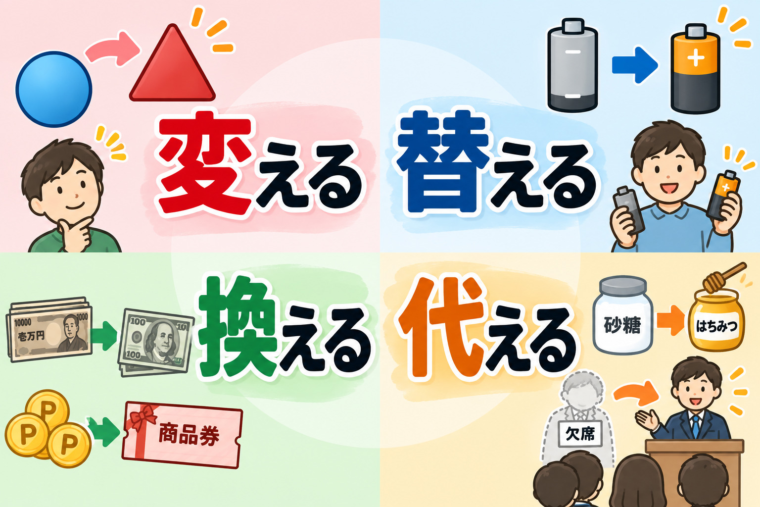 「変える、替える、換える、代える」キャッチ